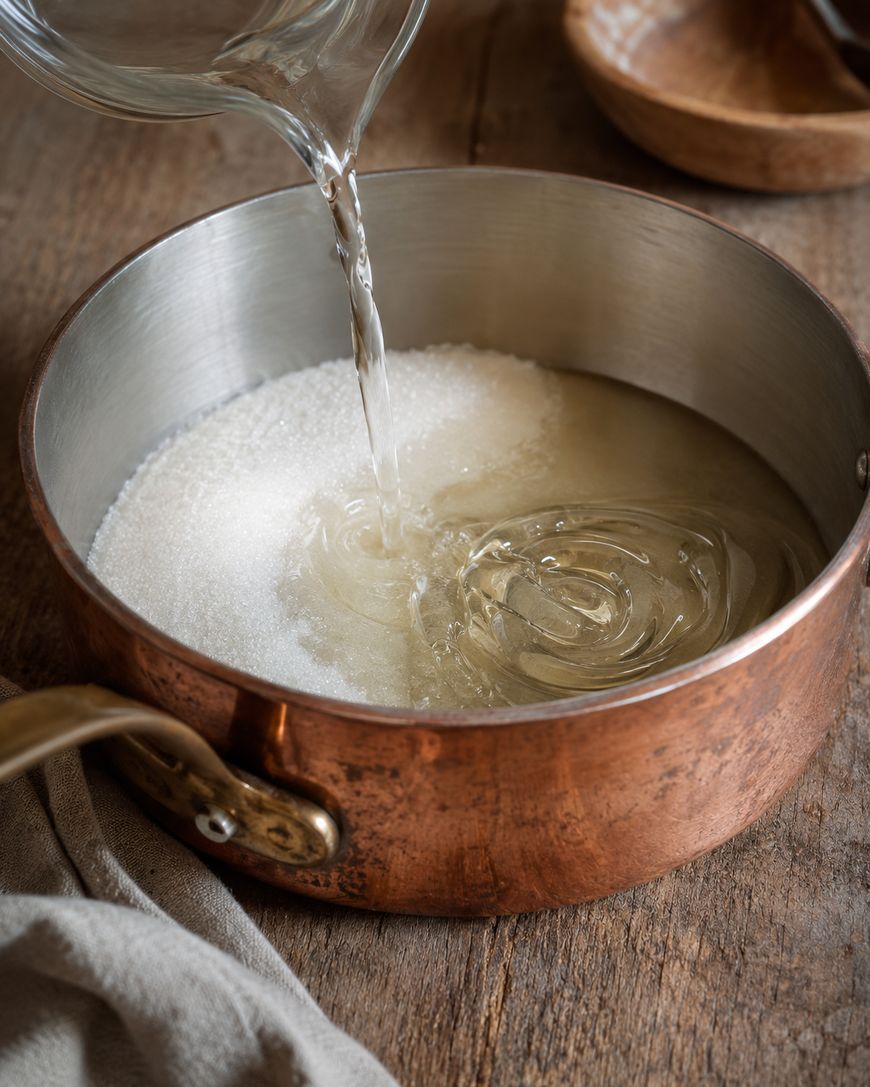 A close-up of water being poured from a glass pitcher into a copper saucepan filled with granulated sugar, sitting on a rustic wooden surface.