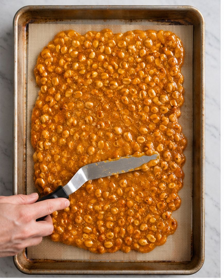 A hand uses an offset spatula to spread fresh peanut brittle on a baking sheet lined with a silicone mat.