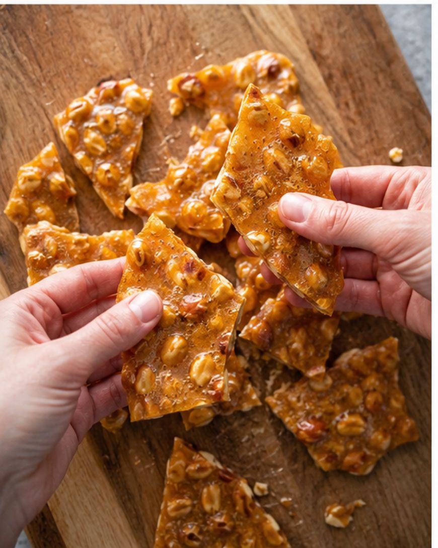 Hands breaking a piece of golden peanut brittle over a wooden cutting board with several more pieces of brittle scattered underneath.