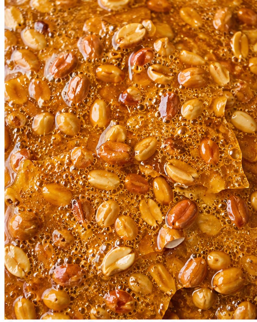 Close-up of golden peanut brittle candy with shiny, caramelized sugar coating and whole peanuts embedded throughout the surface.