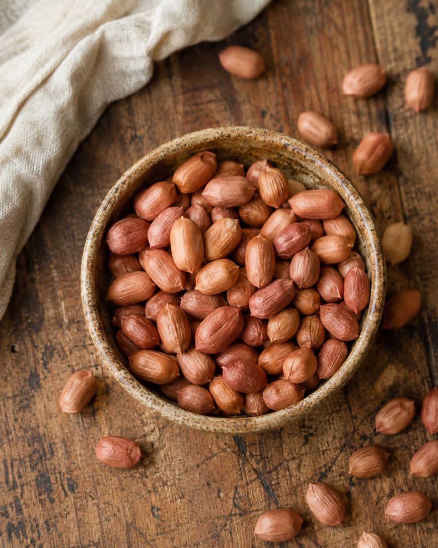 A bowl filled with raw, unshelled peanuts sits on a rustic wooden surface with a cloth nearby and several peanuts scattered around.