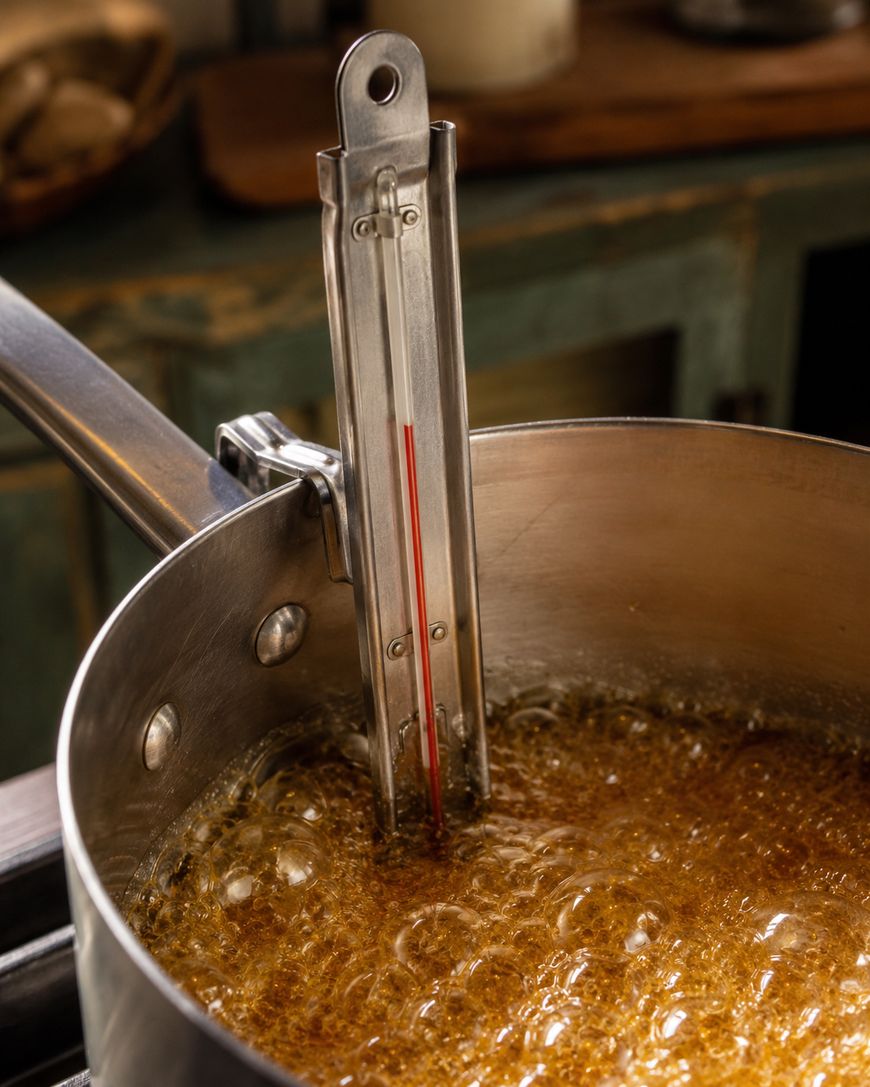 A metal candy thermometer clipped to a saucepan measures the temperature of bubbling caramel or sugar syrup.