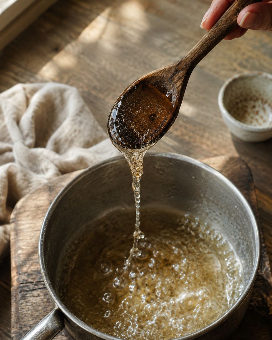 A hand holds a wooden spoon above a pot, lifting up a thick, golden syrup that drizzles back into the pot.