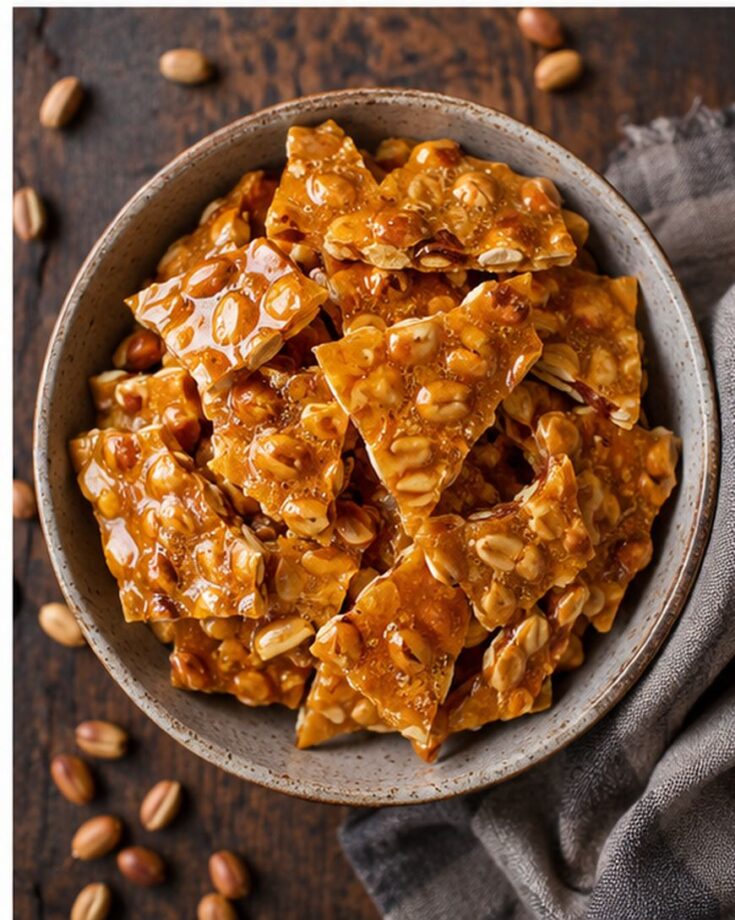 A bowl filled with pieces of golden brown peanut brittle sits on a dark wooden surface, with scattered peanuts around and a gray cloth nearby.