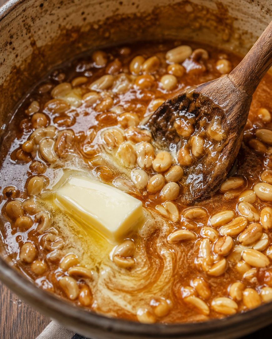 A wooden spoon stirs a mixture of peanuts, caramel, and melting butter in a pot, creating a rich, sticky candy mixture.