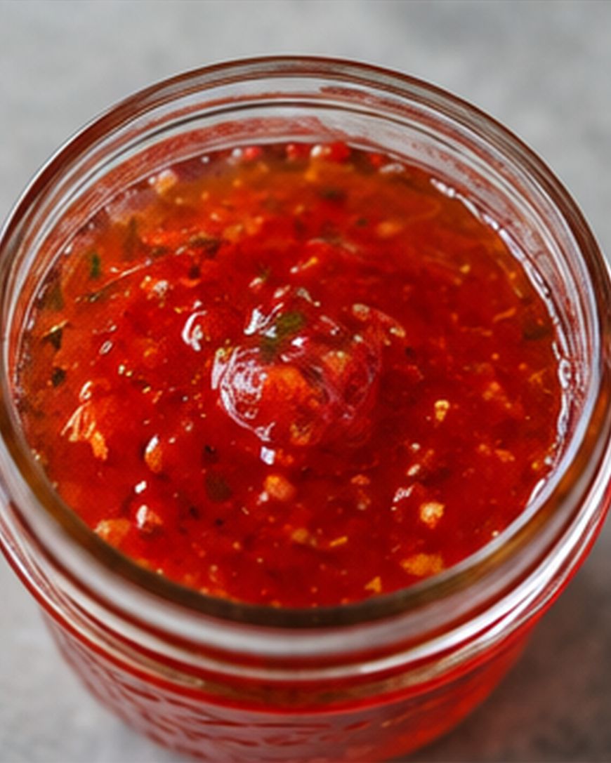 A close-up view of a glass jar filled with chunky red salsa or sauce, showing bits of herbs and vegetables mixed in.