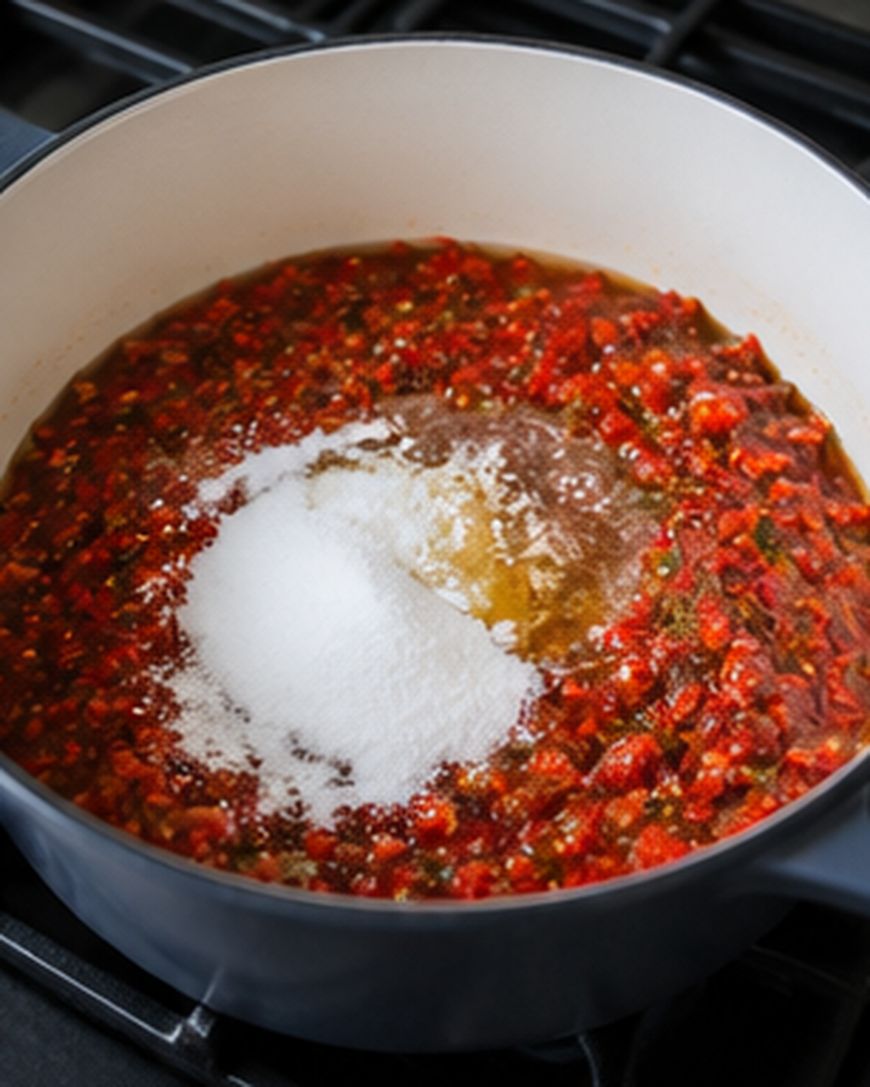 A pot on a stove contains a chunky red mixture with a pile of white granulated sugar on top, ready to be stirred in.
