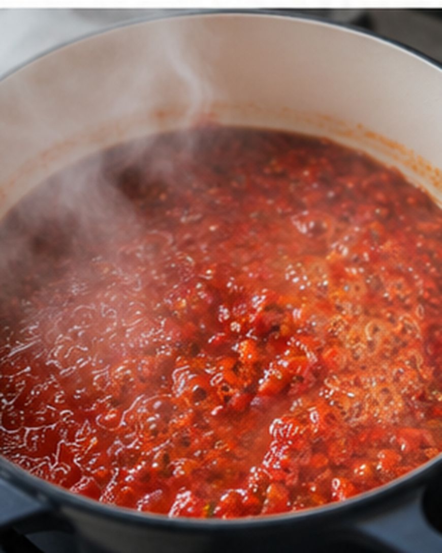 A pot of chunky red tomato sauce simmering on the stove, with visible steam rising from the surface.