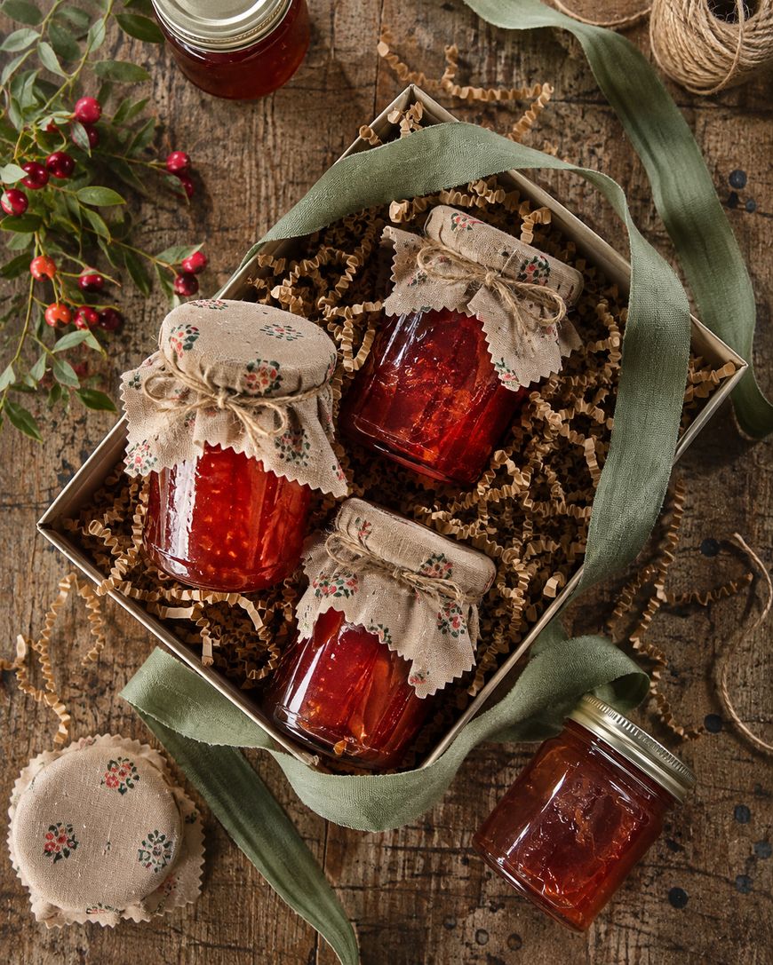Three jars of red jam with floral fabric covers sit in a gift box with crinkle paper. A green ribbon, twine, berries, and two more jars are nearby on a rustic wooden table.