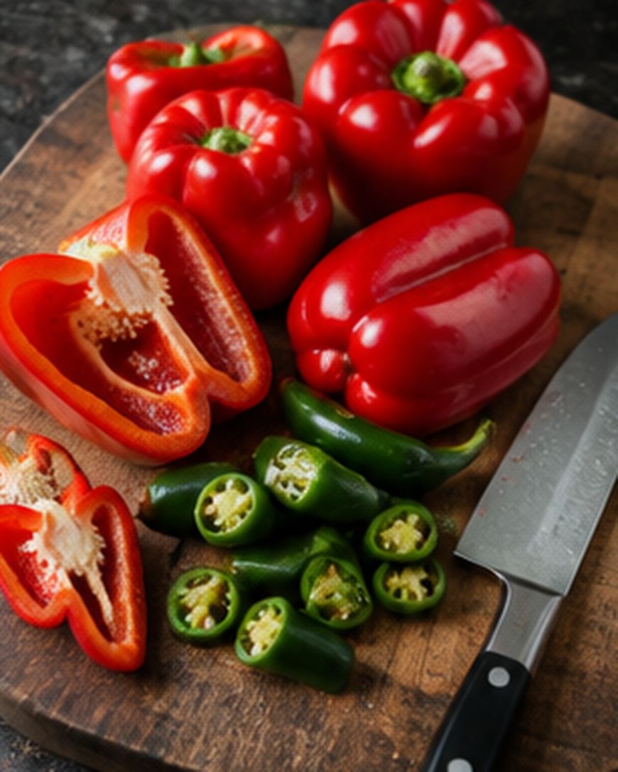Red bell peppers, some whole and some cut, and sliced green jalapeños are arranged on a wooden cutting board next to a kitchen knife.