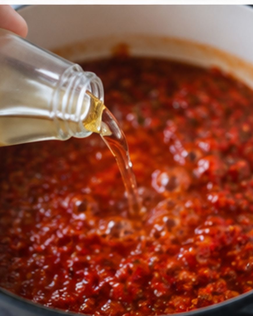 A clear liquid is being poured from a bottle into a pot of red tomato sauce, which appears to be simmering.