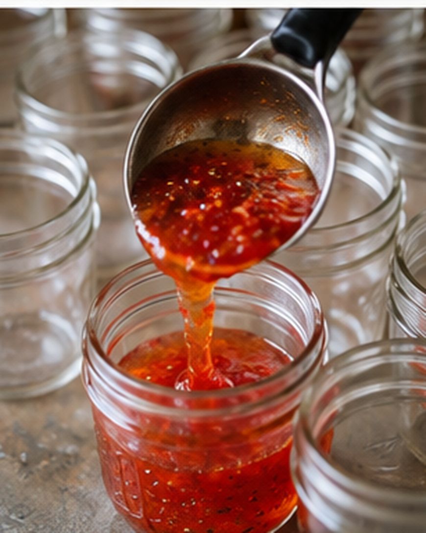 A metal ladle pours bright red, chunky jam or preserves into a clear glass jar, surrounded by other empty jars on a wooden surface.