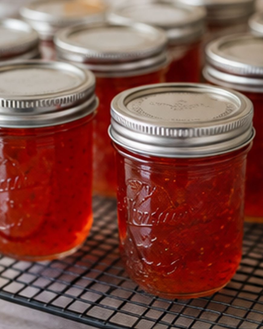 Several glass jars filled with orange-red jam are sealed with metal lids and arranged on a black cooling rack. The jam appears homemade, and the jars are closely grouped together.