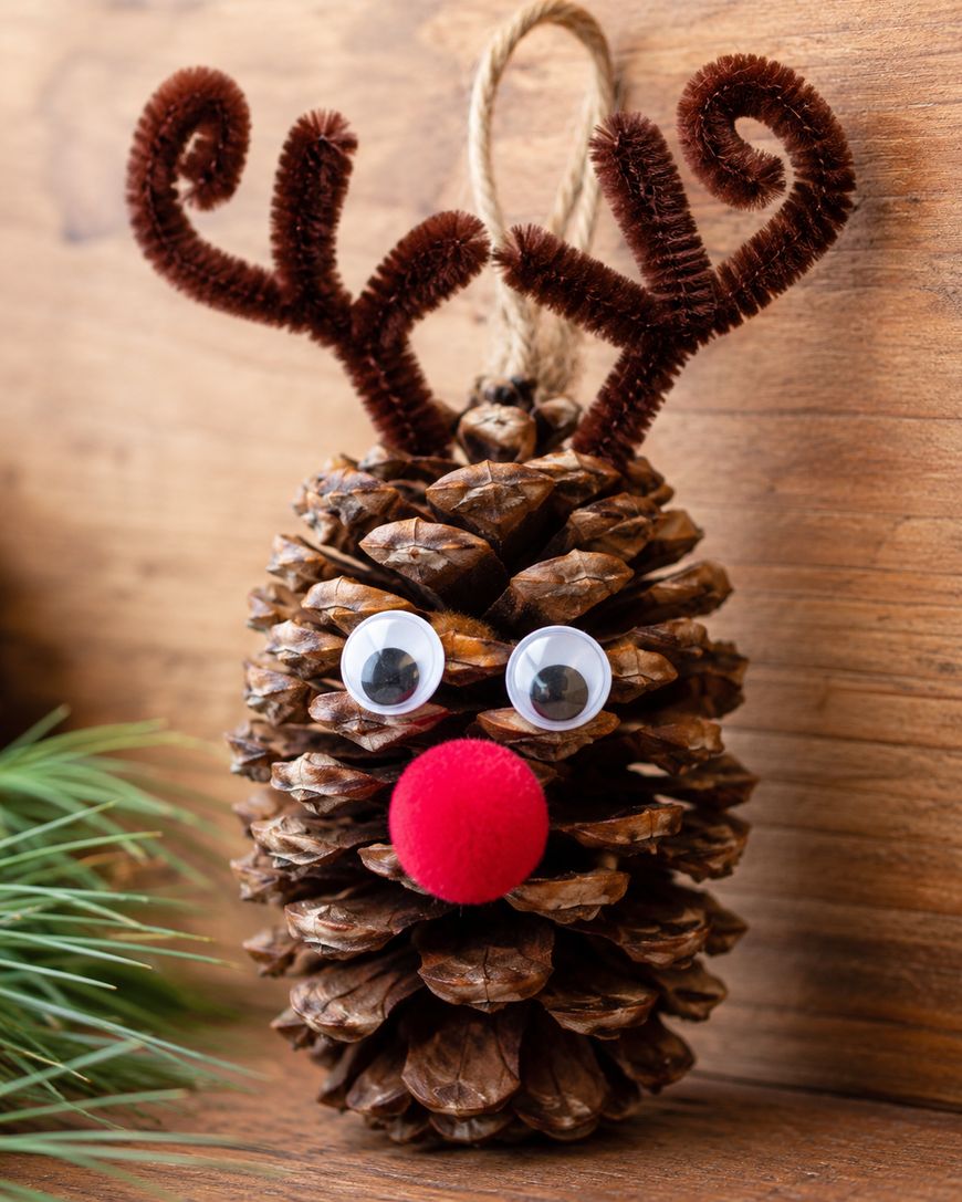 A pine cone decorated as a reindeer with googly eyes, a red pom-pom nose, and brown pipe cleaner antlers, hanging from a twine loop against a wooden background.