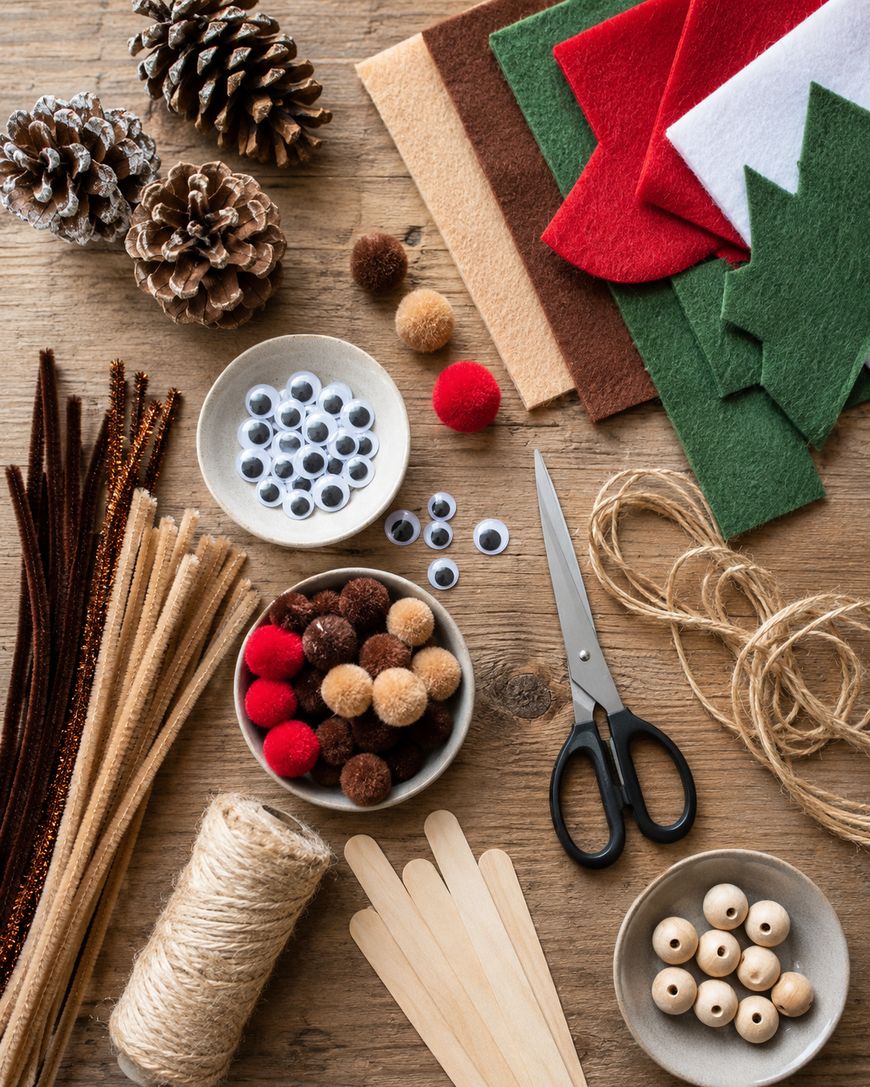 Assorted craft supplies on a wooden table, including felt sheets, pinecones, googly eyes, pipe cleaners, pom-poms, twine, scissors, wooden beads, and craft sticks arranged neatly.