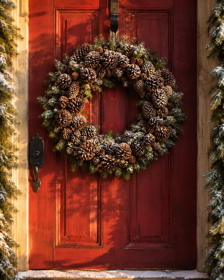 A red wooden door decorated with a holiday wreath made of pinecones and evergreen branches, flanked by snow-dusted greenery on both sides.