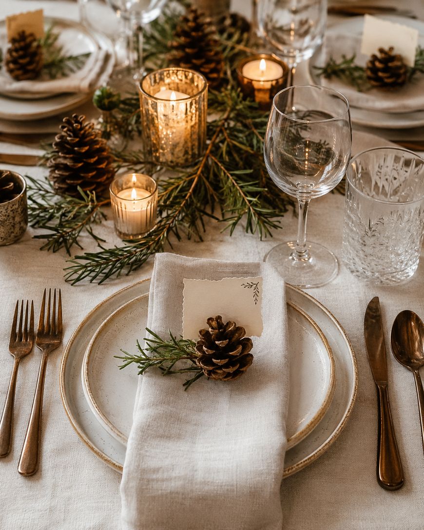 A festive table setting with pinecones, evergreen branches, lit candles, glassware, and neatly arranged cutlery on a white linen tablecloth. A napkin and place card rest on each plate.