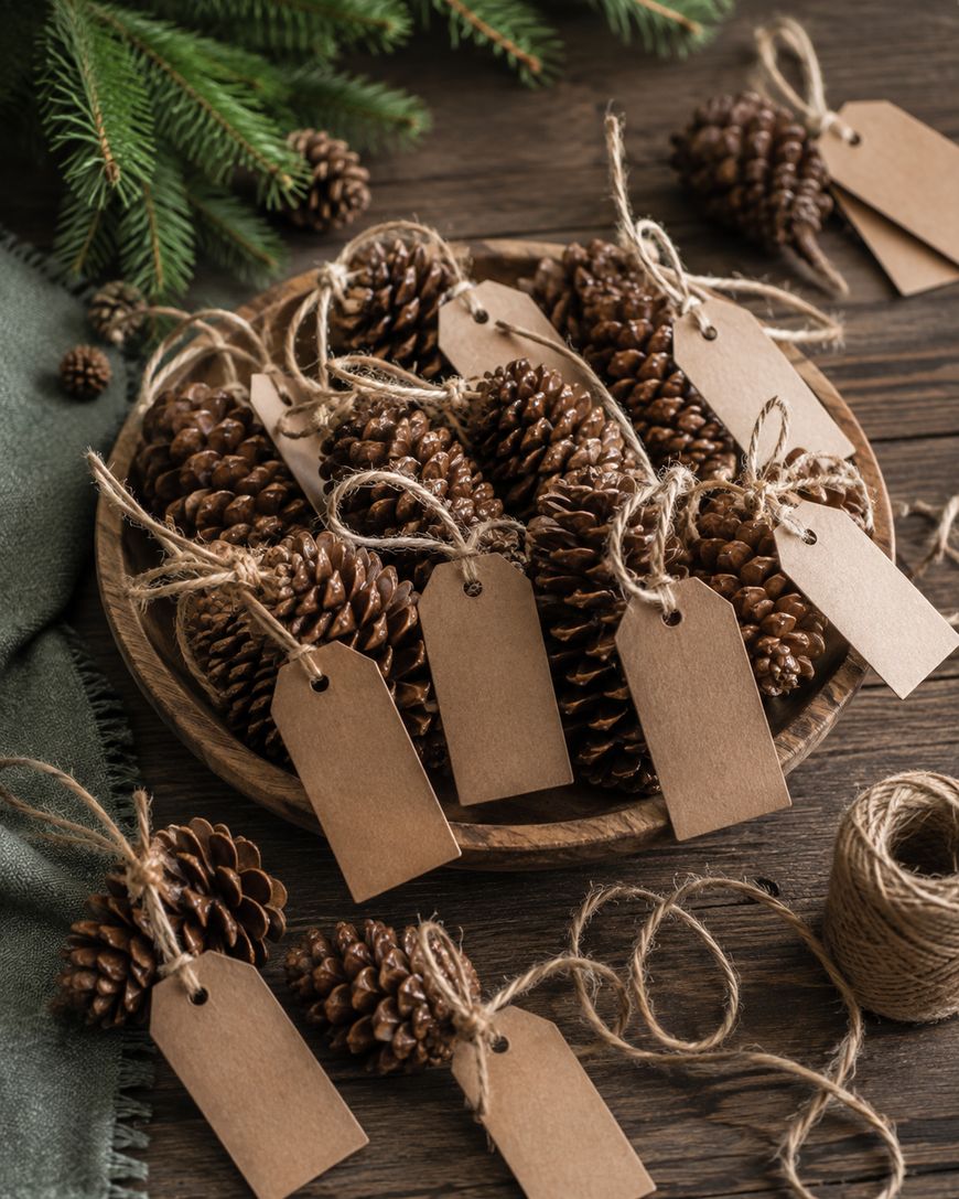 A wooden bowl filled with pinecones, each tied with twine and a blank brown tag. More pinecones, twine, and tags are scattered on a rustic wooden table with green fir branches in the background.