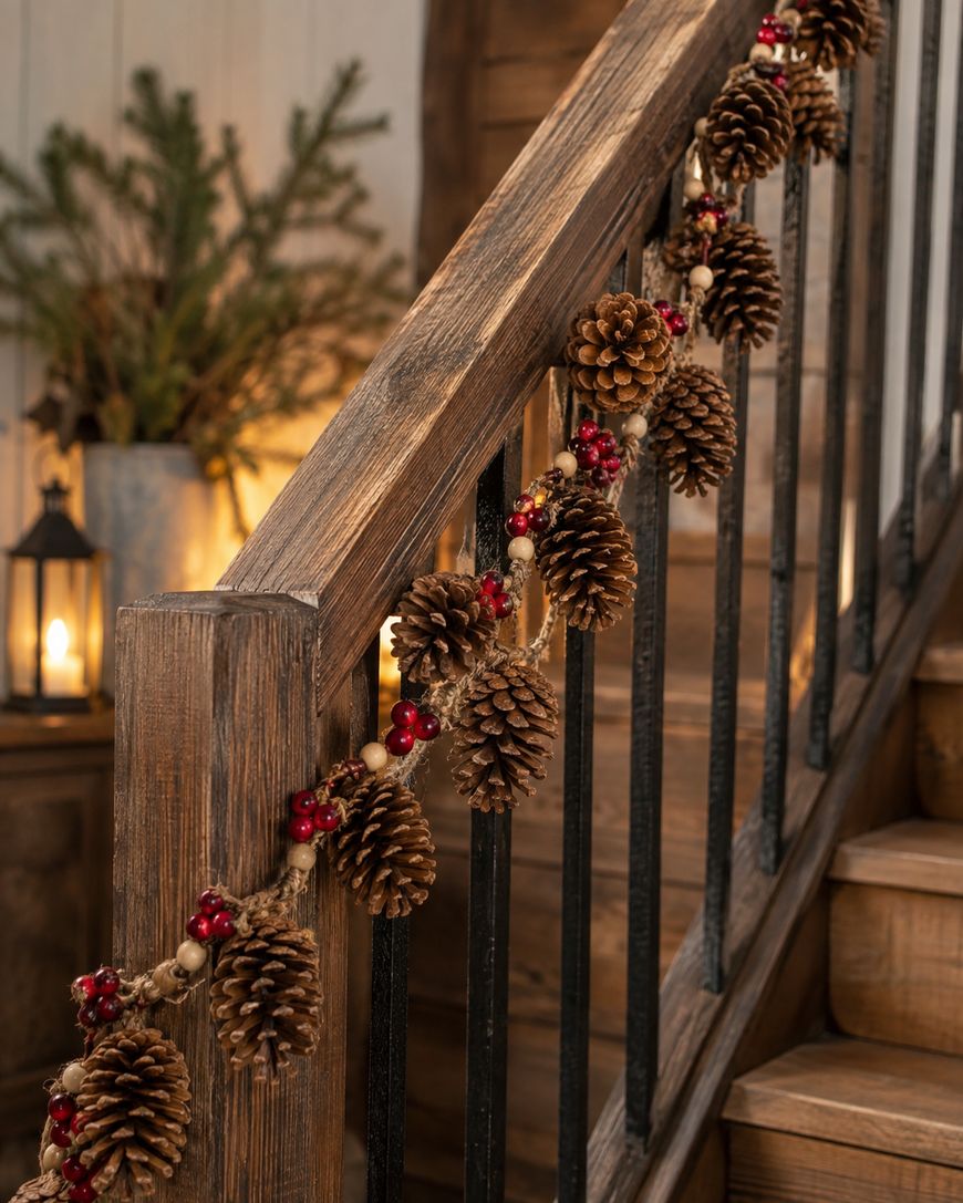 A rustic staircase railing decorated with a garland made of pinecones, red berries, and twine; a potted evergreen and a lantern with a lit candle are in the softly lit background.