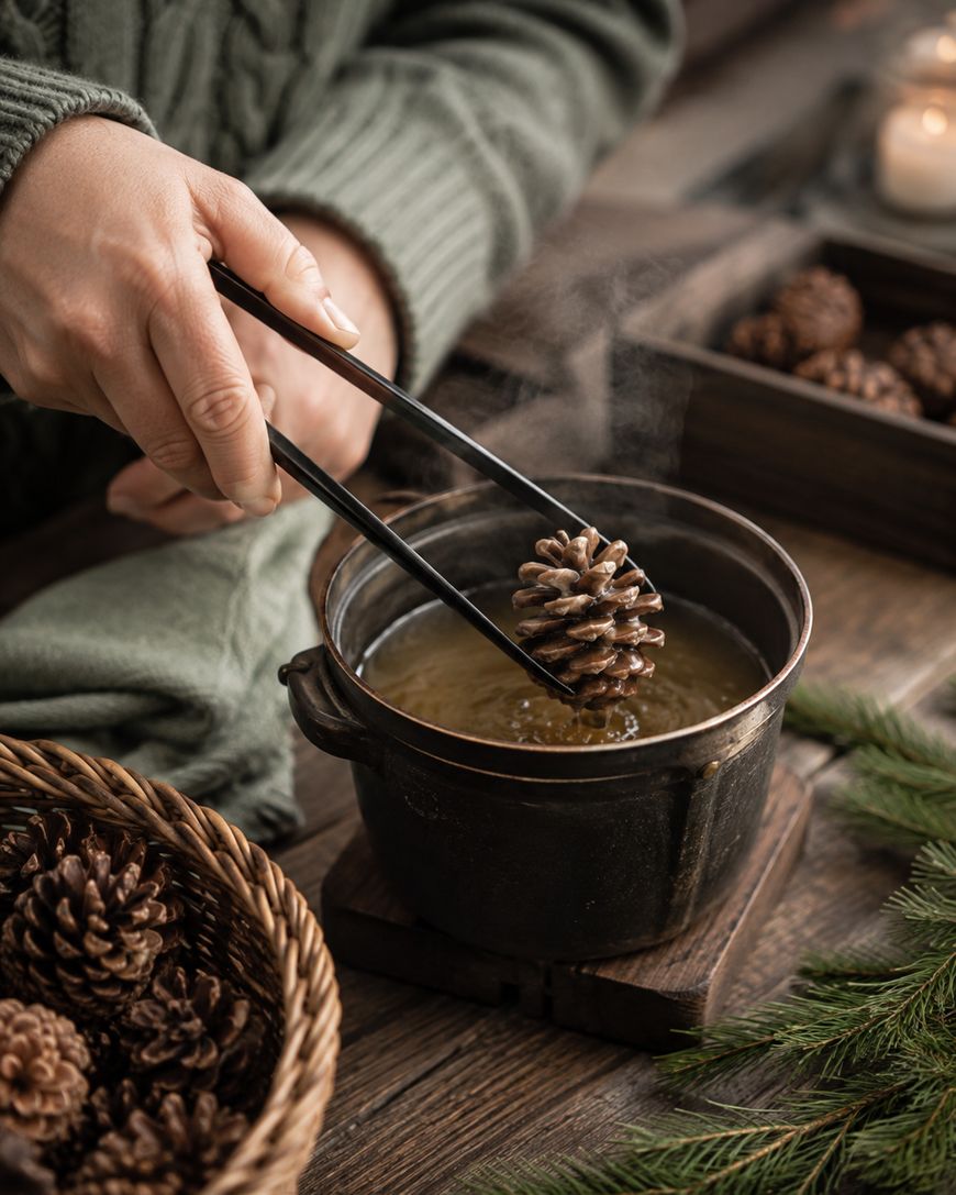A person in a green sweater dips a pine cone into a pot of hot liquid using black tongs. Nearby, there are baskets of pine cones and sprigs of evergreen on a wooden table.