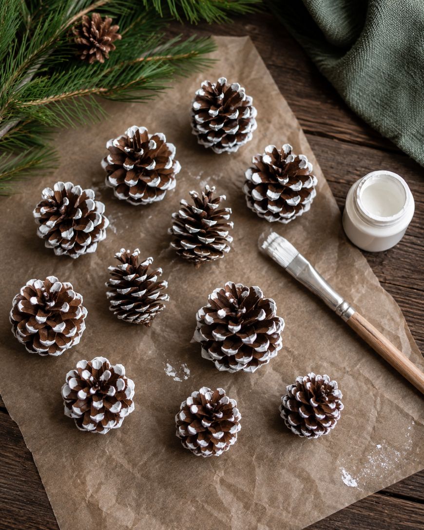 Brown pinecones with white tips are arranged on brown paper, next to a paintbrush and an open jar of white paint, with pine branches and a green cloth nearby on a wooden surface.