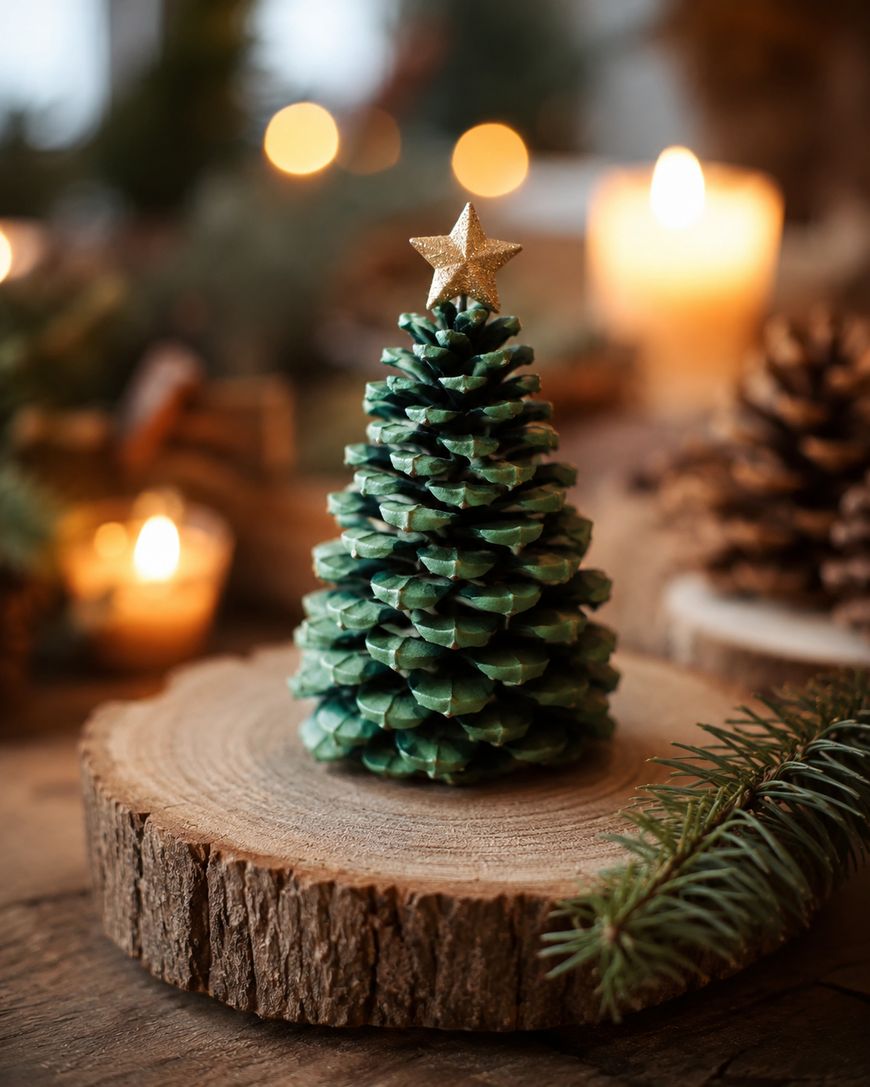 A pine cone painted green to resemble a Christmas tree with a gold star on top, displayed on a wooden slice, surrounded by candles, pinecones, and evergreen branches.