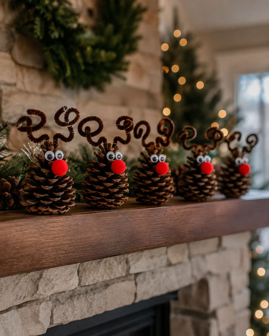 Five pinecone reindeer with googly eyes, red noses, and curly antler decorations sit on a stone mantel, with greenery and twinkling lights in the background.
