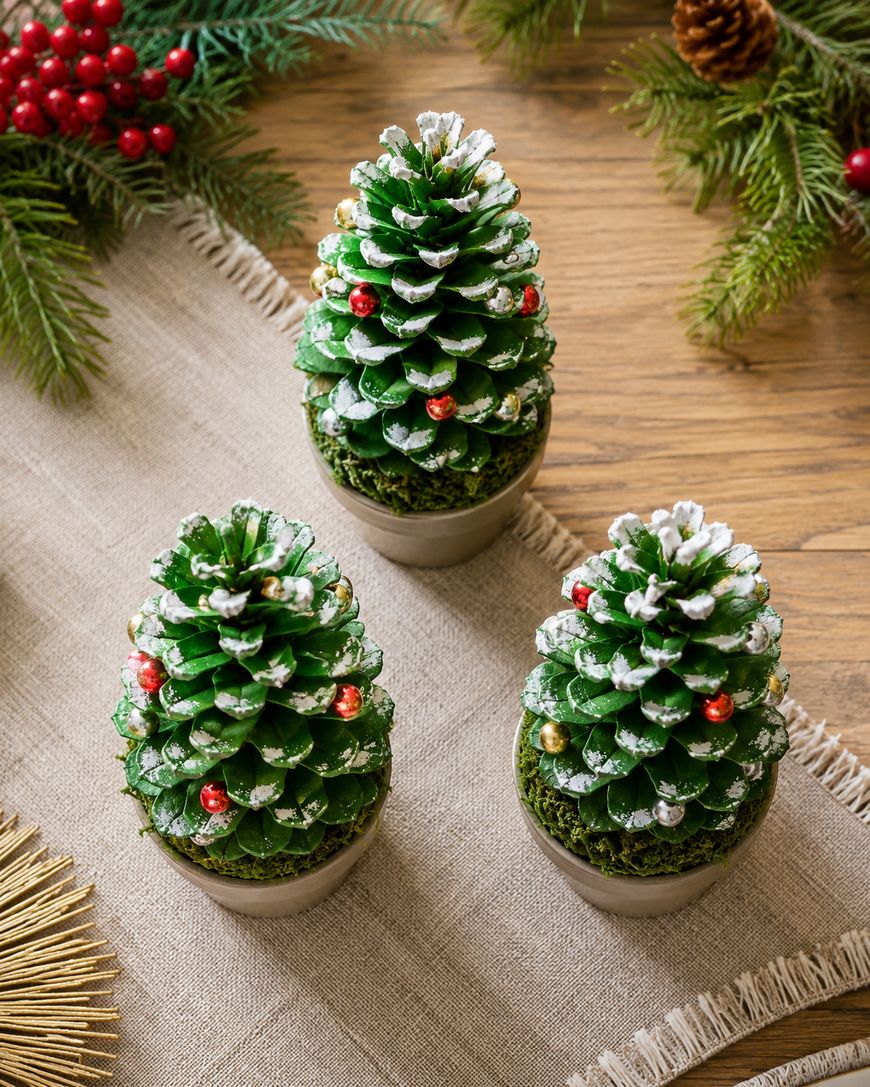 Three pinecones decorated as miniature Christmas trees with white tips and small ornaments, placed in small pots on a beige cloth, surrounded by pine branches and festive decor.