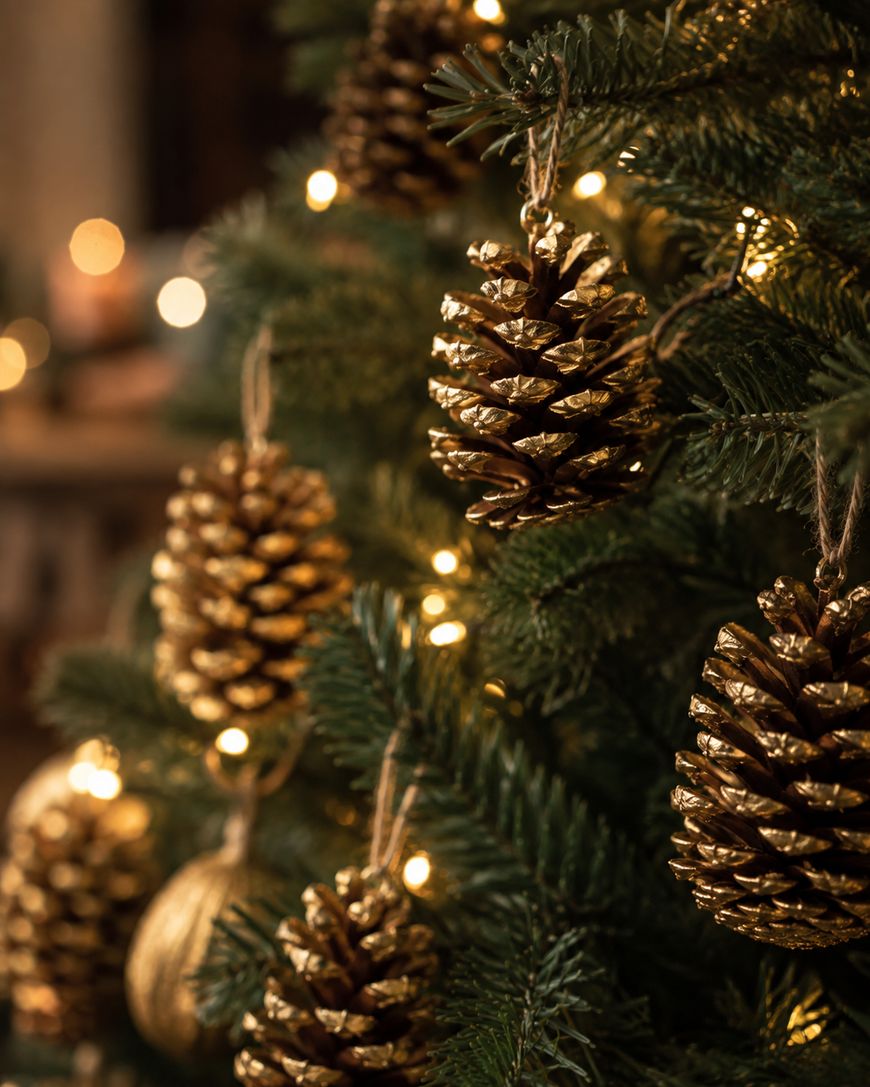 Close-up of a Christmas tree decorated with golden pine cones and warm white string lights, creating a festive and cozy holiday atmosphere.