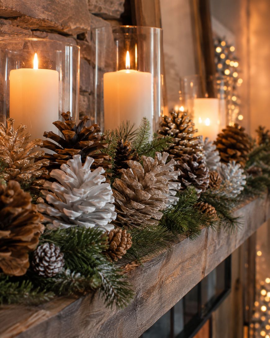 Lit candles in glass holders sit among pinecones painted white, gold, and brown, with green pine branches on a rustic wooden mantel, creating a festive, cozy holiday decoration.