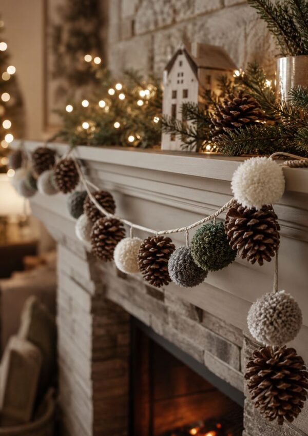 A mantel decorated with pinecones, pom-poms, greenery, and string lights, with a small wooden house ornament and a lit fireplace below, creating a cozy holiday atmosphere.
