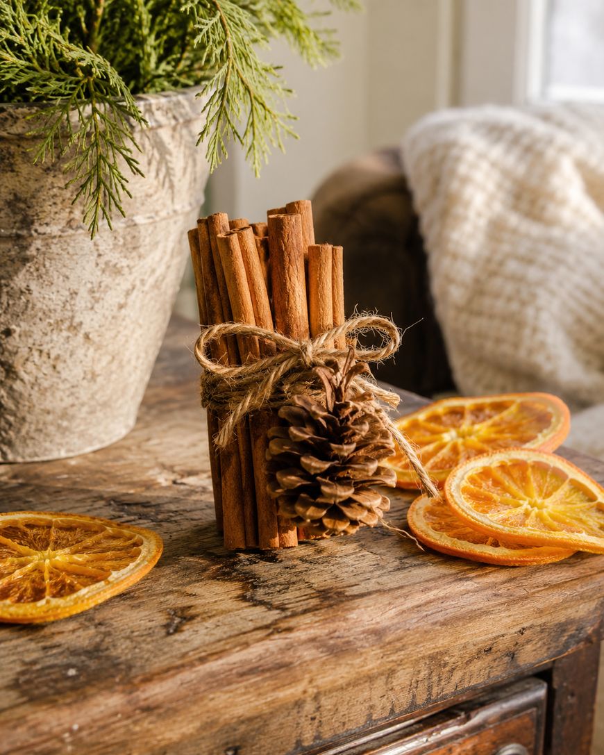 A bundle of cinnamon sticks tied with twine and a pine cone sits on a rustic wooden table, surrounded by dried orange slices. A potted plant and a cozy blanket are in the background.