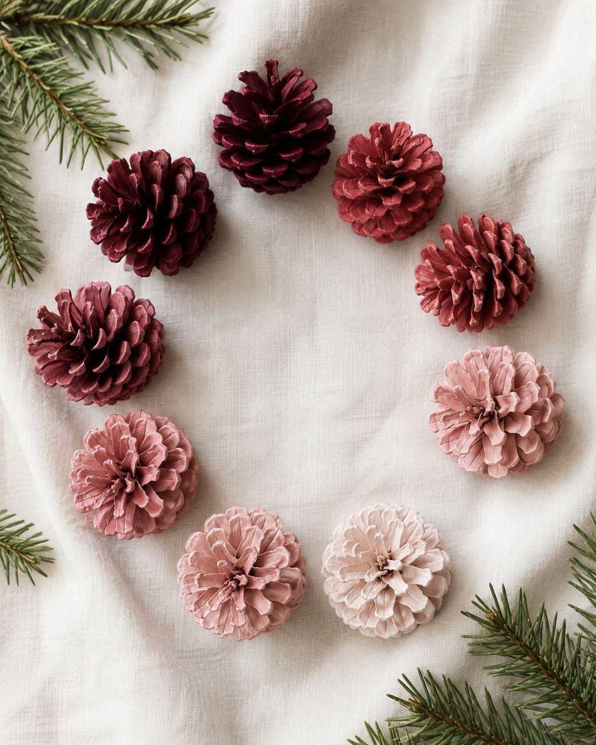 Nine pinecones painted in gradient shades from dark burgundy to pale pink are arranged in a circle on a white cloth, with green fir branches framing the corners.