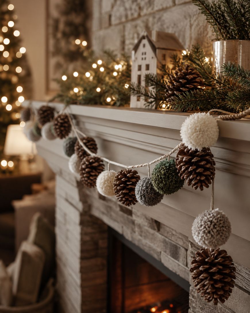 A cozy fireplace mantel decorated with garland made of pinecones and pom-poms, greenery, a small house figurine, and warm string lights, creating a festive holiday atmosphere.