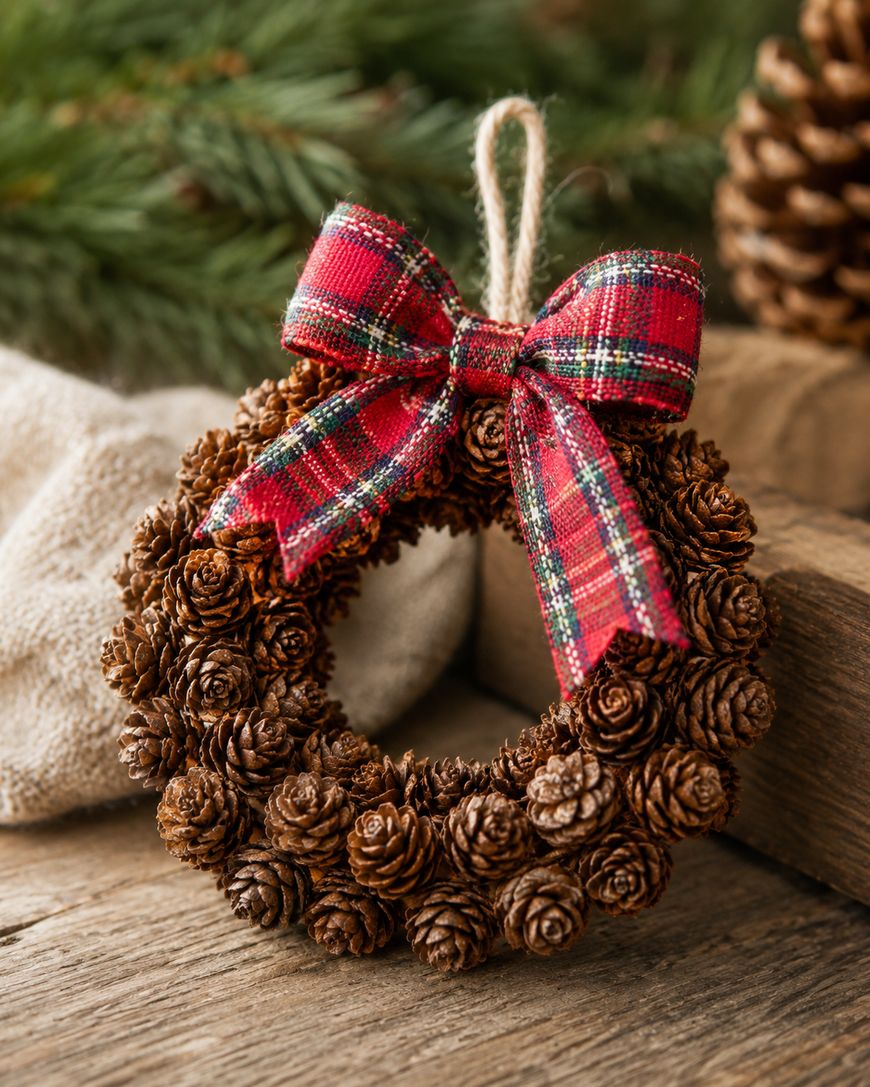 A small wreath made of pinecones with a red plaid bow on top, sitting on a wooden surface with pine branches and a pinecone in the background.