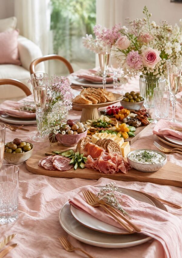 A dining table set with pink linens and gold cutlery, featuring a charcuterie board with meats, cheeses, olives, and bread, surrounded by glasses, plates, and floral centerpieces.