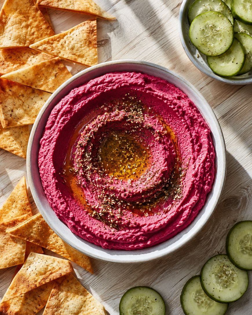 A bowl of vibrant beet hummus topped with olive oil and herbs, surrounded by pita chips and sliced cucumbers on a light wooden surface.