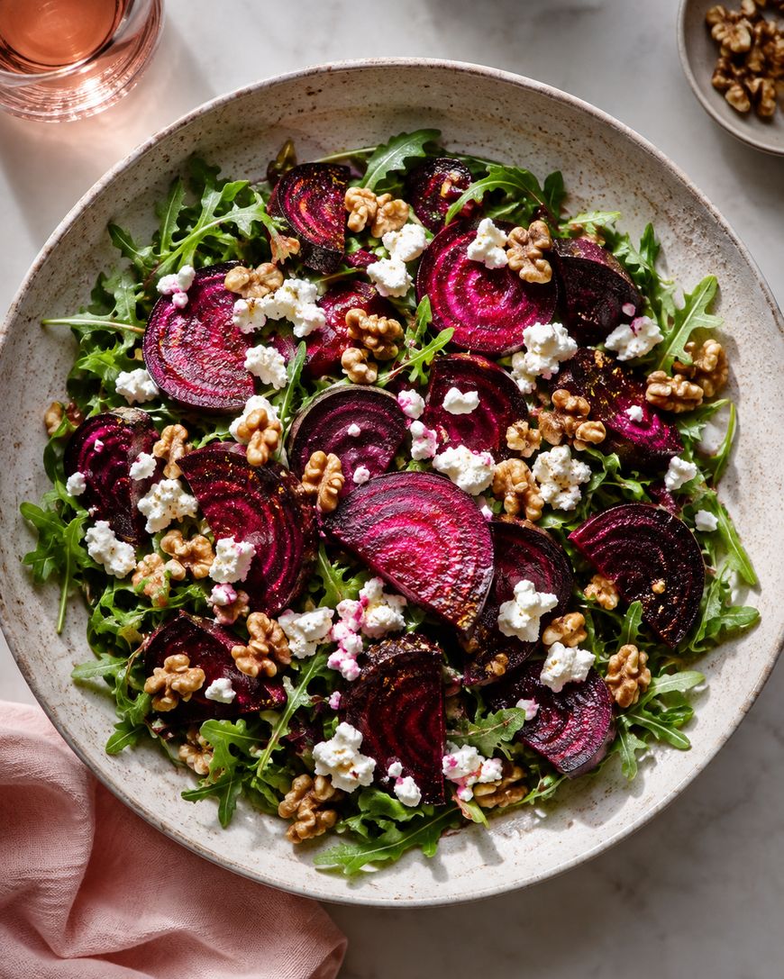 A bowl of arugula salad topped with roasted beets, crumbled goat cheese, and walnuts, with a glass of pink drink and a napkin nearby on a marble surface.