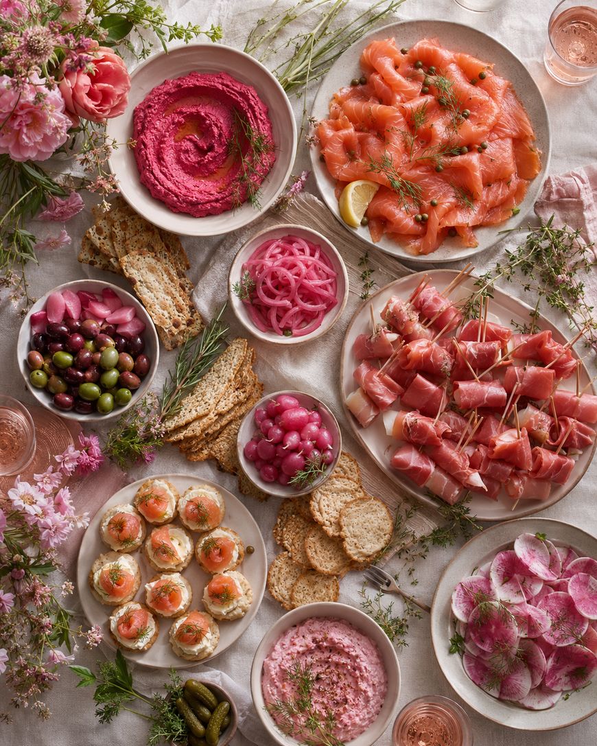 A table with smoked salmon, beet hummus, pickled onions, olives, radishes, prosciutto-wrapped items, crackers, dip, crostini with toppings, and pink flowers on a white tablecloth.
