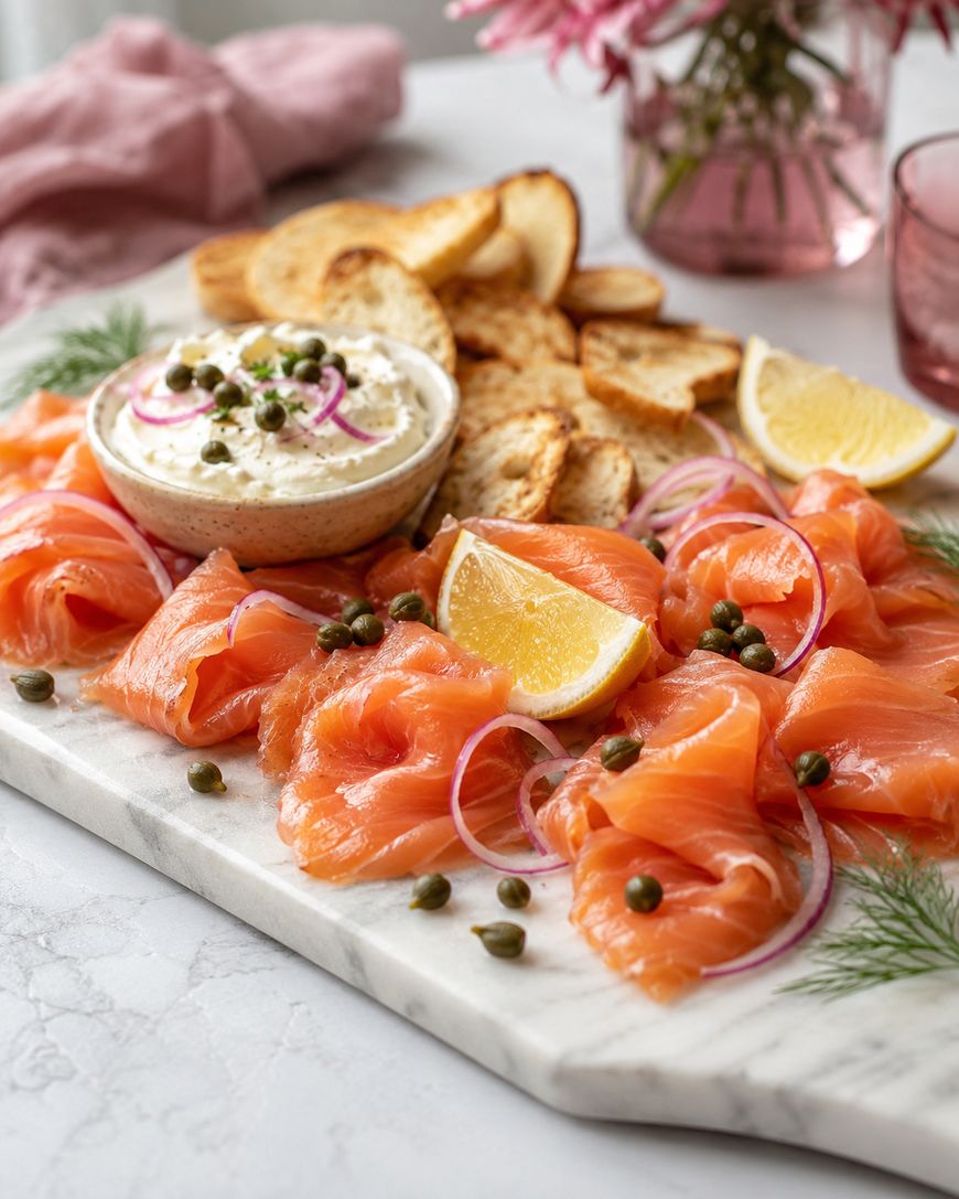Sliced smoked salmon with capers, red onion, lemon wedges, toasted bread, and a bowl of creamy dip, all arranged on a marble board. Pink flowers and a pink napkin are in the background.