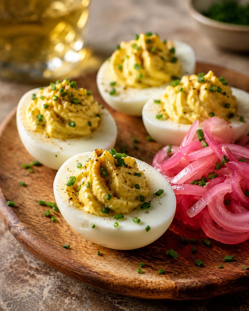 Four deviled eggs garnished with chopped chives on a wooden plate, served alongside a small pile of pickled red onions.