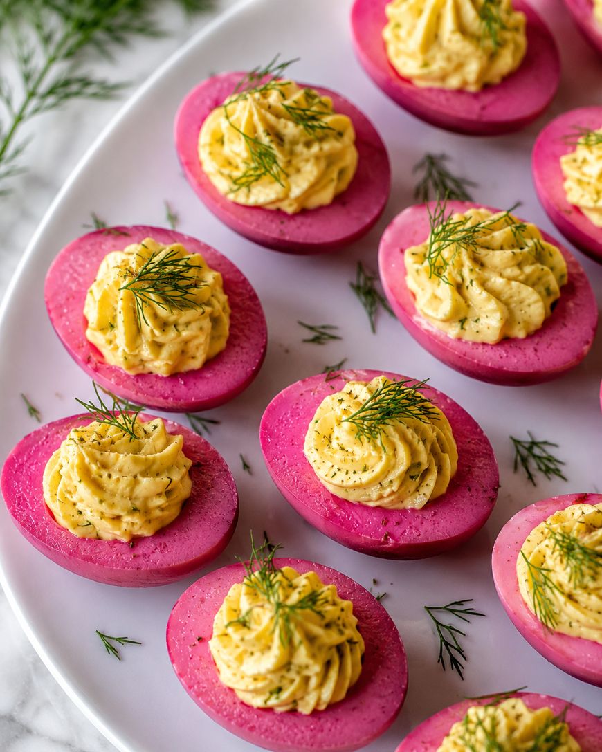 Deviled eggs with bright pink beet-dyed whites, filled with yellow yolk mixture, topped with dill, arranged on a white plate with extra dill scattered around.