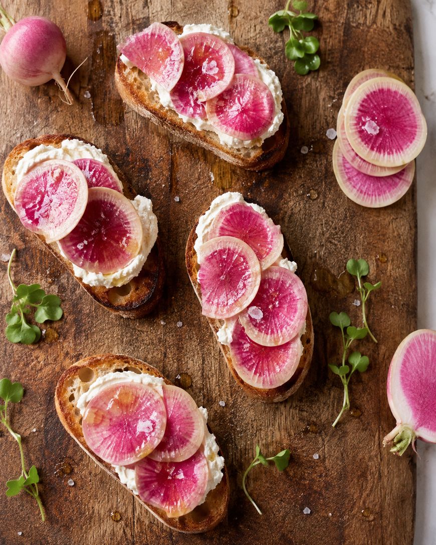 Toasted bread topped with ricotta cheese and thinly sliced pink watermelon radishes, garnished with microgreens, on a rustic wooden board.