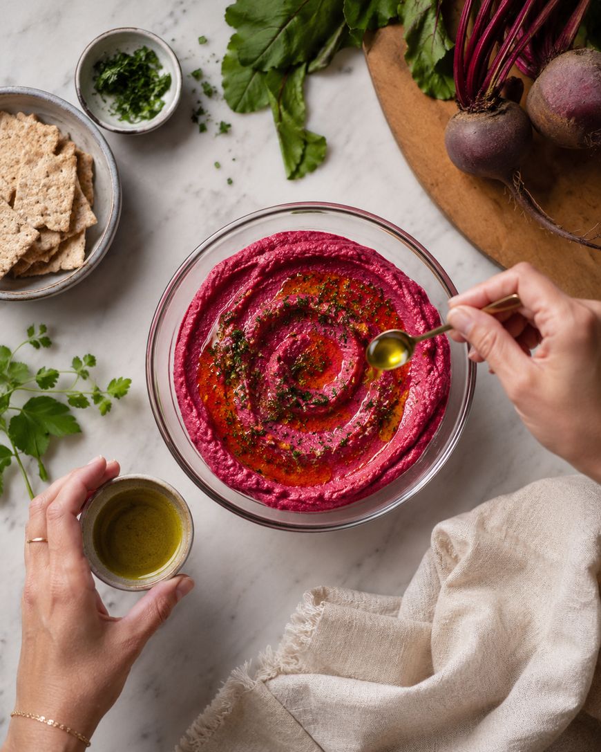 A hand drizzles olive oil onto a bowl of bright pink beet hummus, garnished with herbs. Crackers, chopped parsley, and fresh beets are arranged on a marble countertop nearby.