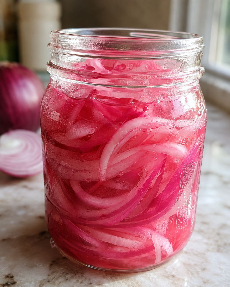 A glass jar filled with sliced pickled red onions sits on a marble countertop. Part of a fresh red onion and a sliced onion are visible in the background, near a window.