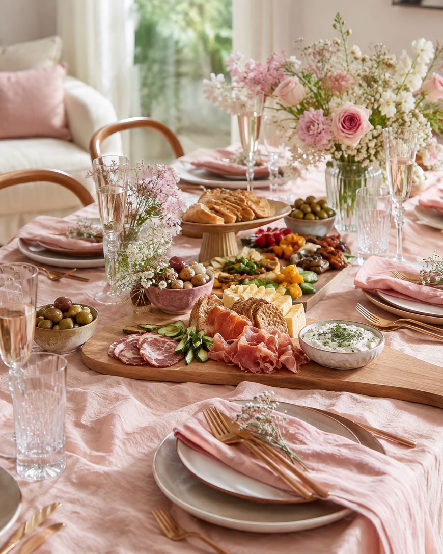 A dining table set with pink linens, gold cutlery, crystal glasses, floral arrangements, and a charcuterie board with meats, cheese, olives, and dip. The setting is elegant and bright, evoking a festive atmosphere.