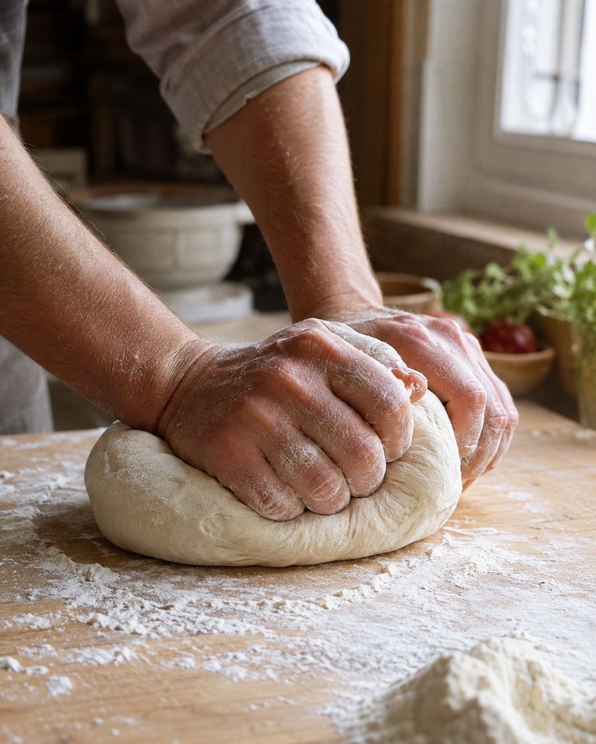 Person kneading dough on a floured wooden surface, with hands pressing into the dough.