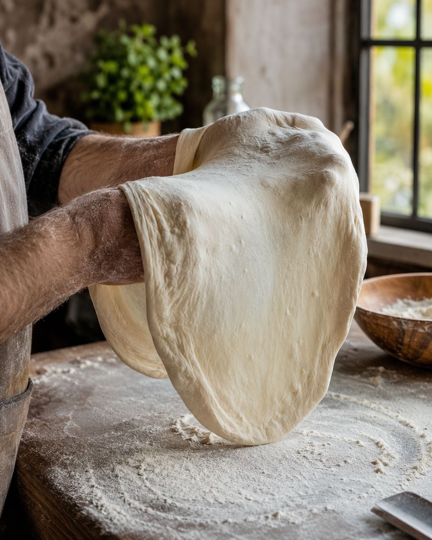 A person stretches pizza dough by hand on a floured wooden surface near a window.