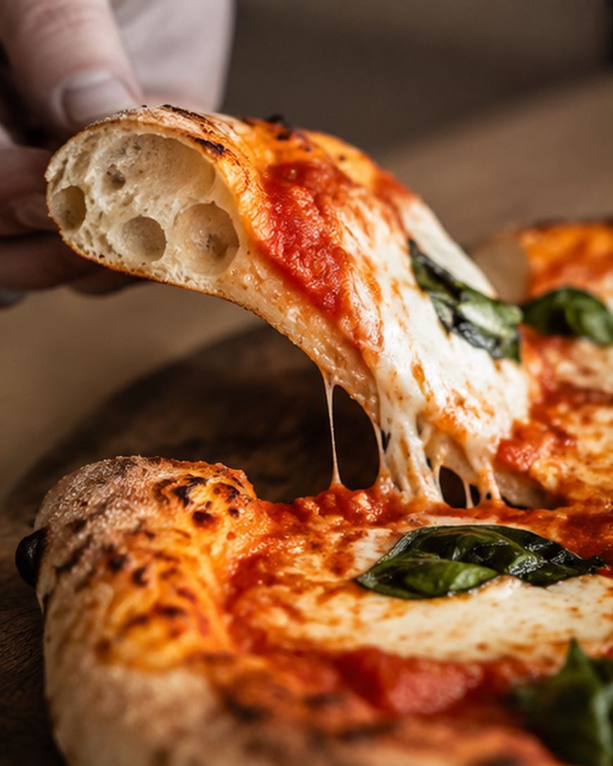 A hand lifts a slice of Neapolitan pizza with melted cheese, tomato sauce, and fresh basil leaves from a wooden surface.