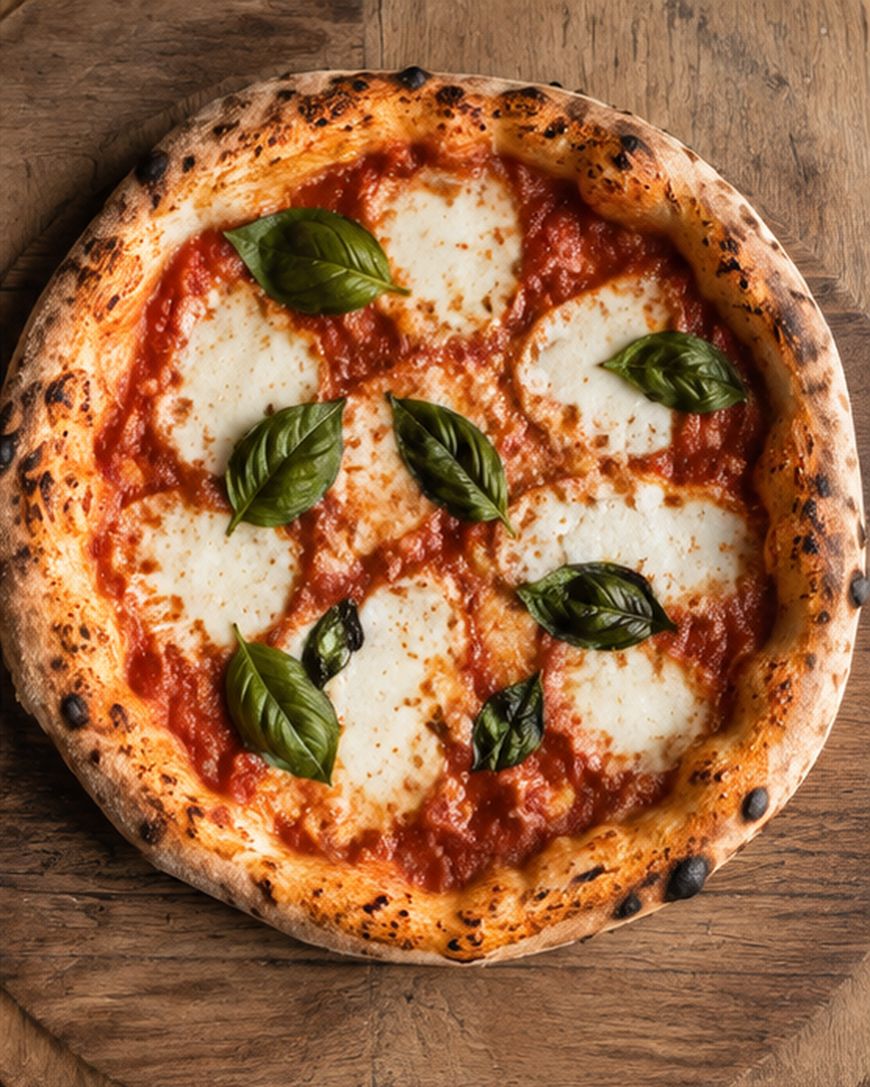 A Neapolitan-style Margherita pizza topped with melted mozzarella cheese, tomato sauce, and fresh basil leaves.